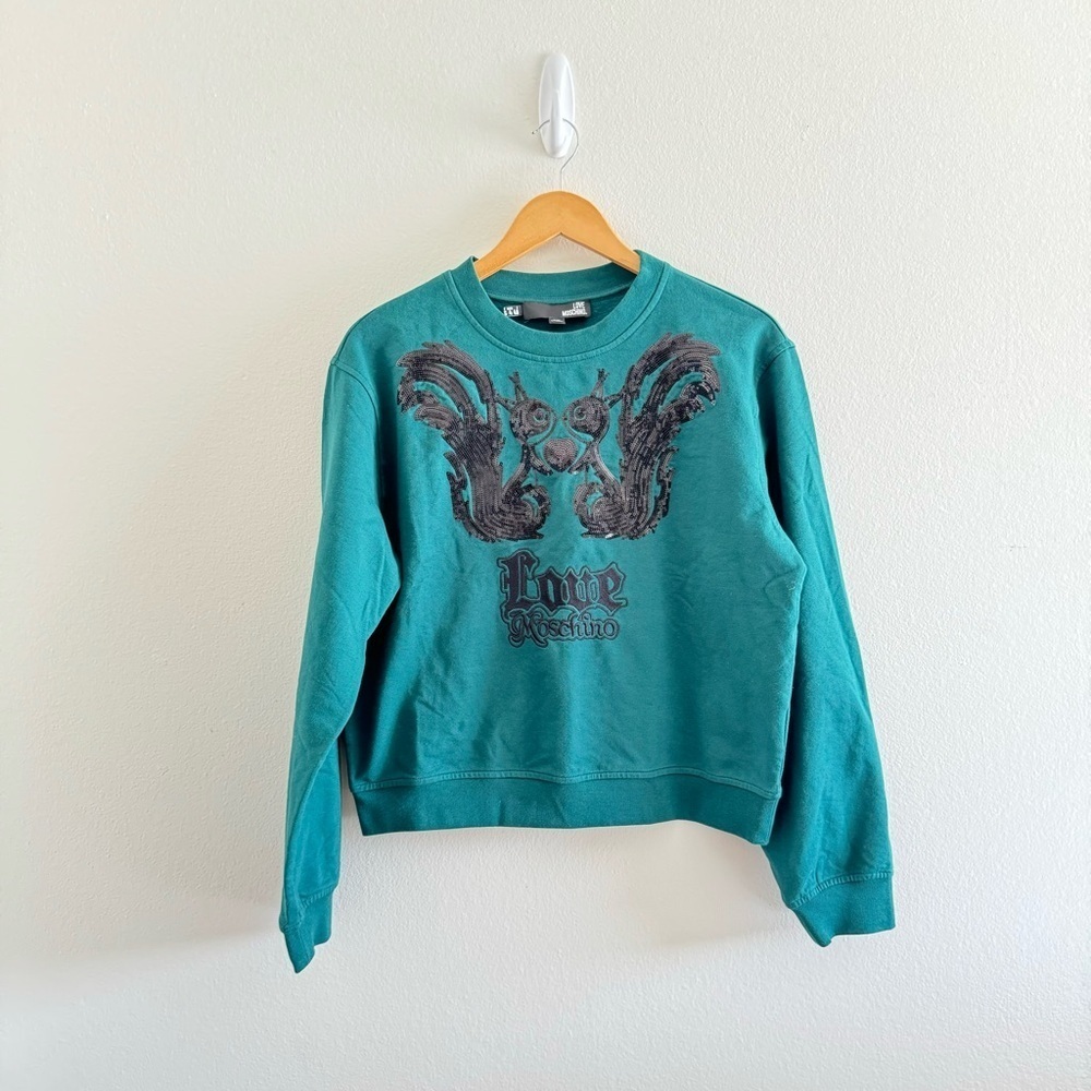 Love Moschino Green Sequin Squirrel Sweater Size US 4 - Picture 2 of 9
